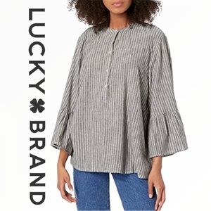 Lucky Brand Women's Stripe Bell Sleeve Top with Mandarin Collar and V-neck Line